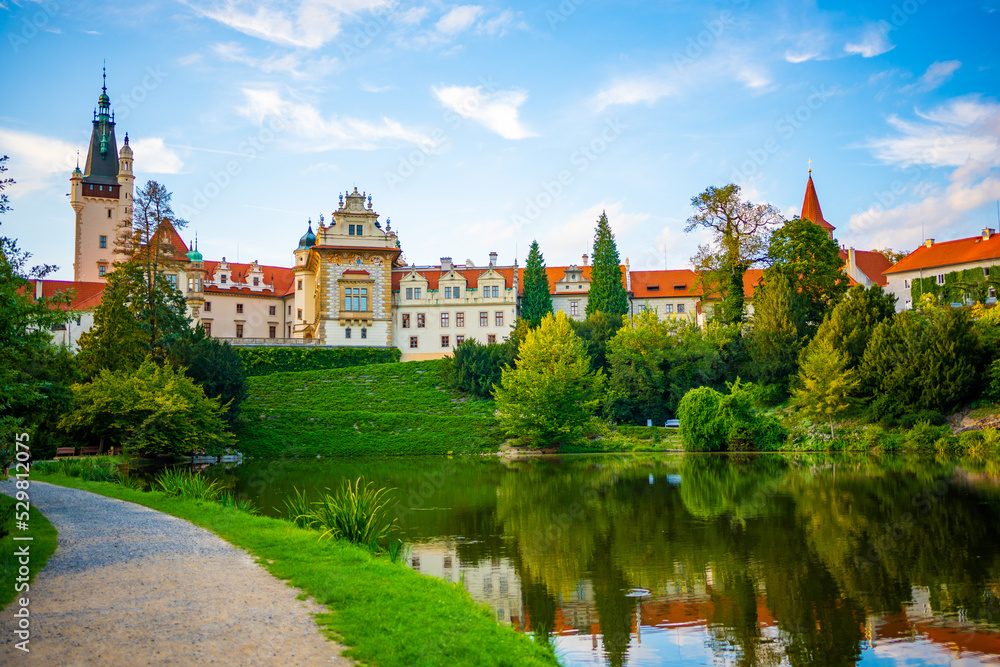 View of Pruhonice castle from the pond in a castle park, Czech Republic View of Pruhonice castle from the pond in a castle park, Czech Republic