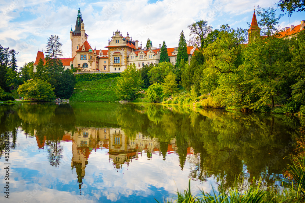 View of Pruhonice castle from the pond in a castle park, Czech Republic 