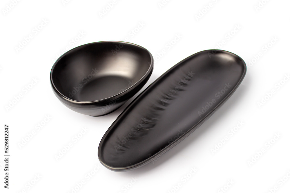 Two Black matt finish plate and bowl on white background Two Black matt finish plate and bowl on white background