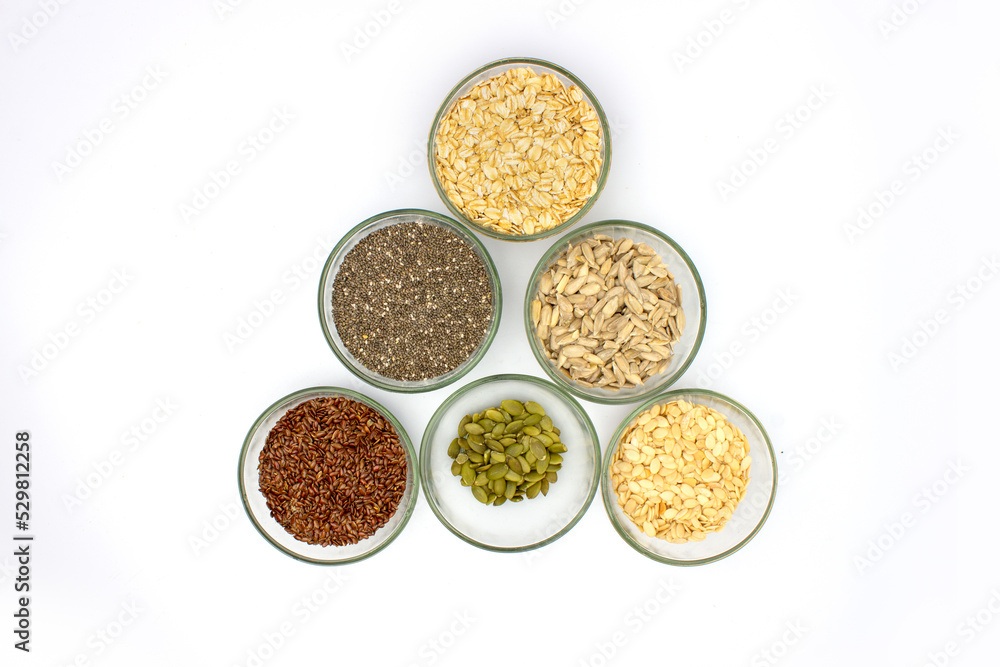 Healthy multiseeds set in transparent bowl Healthy multiseeds set in transparent bowl