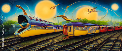 Artistic concept painting of a beautiful train, background illustration.