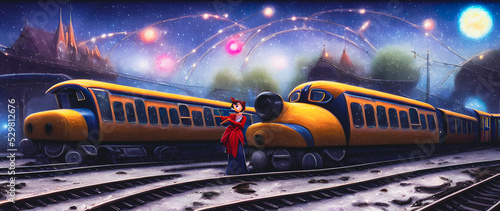 Artistic concept painting of a beautiful train, background illustration.