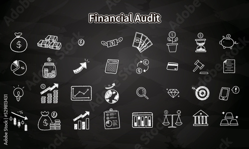 White line icons for financial commerce, illustrations related to investments and stocks