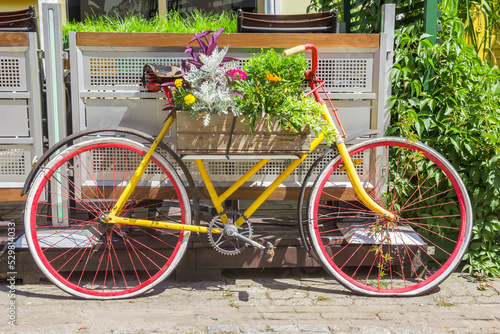 Colorful red and yellow bicycle decorated with flowers in Plock, Poland