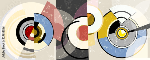 abstract background pattern, with circles, paint strokes and splashes, art in the bauhaus tradition