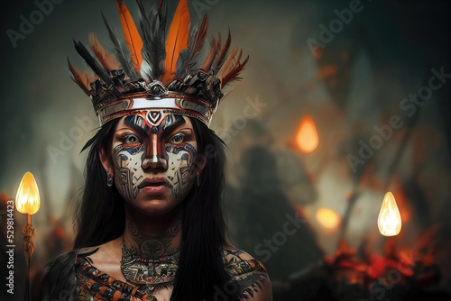 3d illustration of aztec woman warrior with crown of feathers