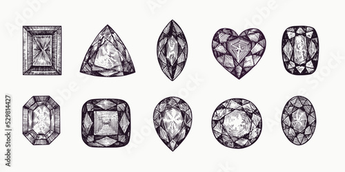 Trilliant (trillion), Navette, Heart shaped, Cushion,Pear (tear), Fine round (Brilliant) and other variety  gemstone cuts shapes collection, simple doodle drawing, gravure style