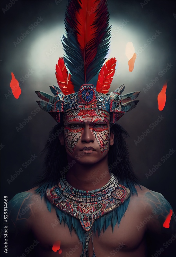 3d illustration of aztec man warrior with crown of feathers Stock