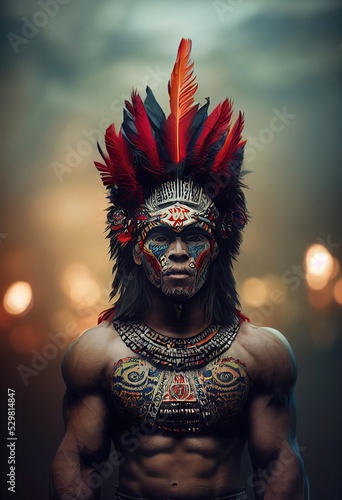 Fototapeta 3d illustration of aztec man warrior with crown of feathers