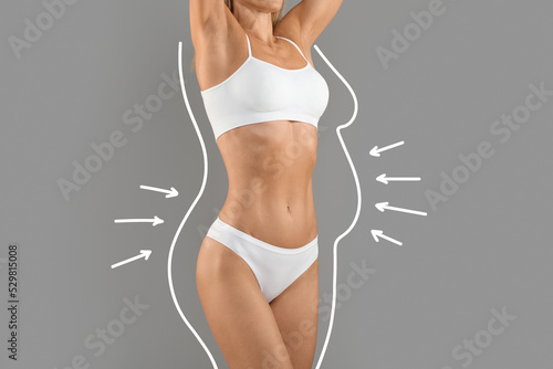 Body Reshaping. Woman In Underwear With Drawn Outlines And Arrows Around Figure