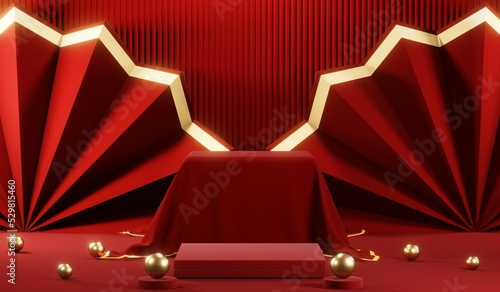 3D rendering of blank product background for cream cosmetics Modern red podium background