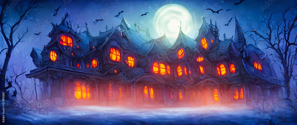 Artistic concept painting of a haunted house, background illustration. - obrazy, fototapety, plakaty 