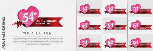 set of anniversary with pink heart and red ribbon can be use for celebration moment