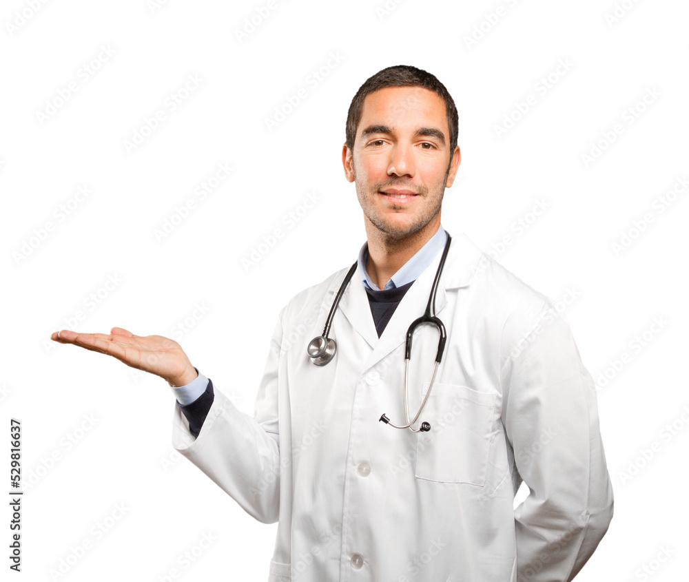 Happy doctor show gesture against white background Happy doctor show gesture against white background