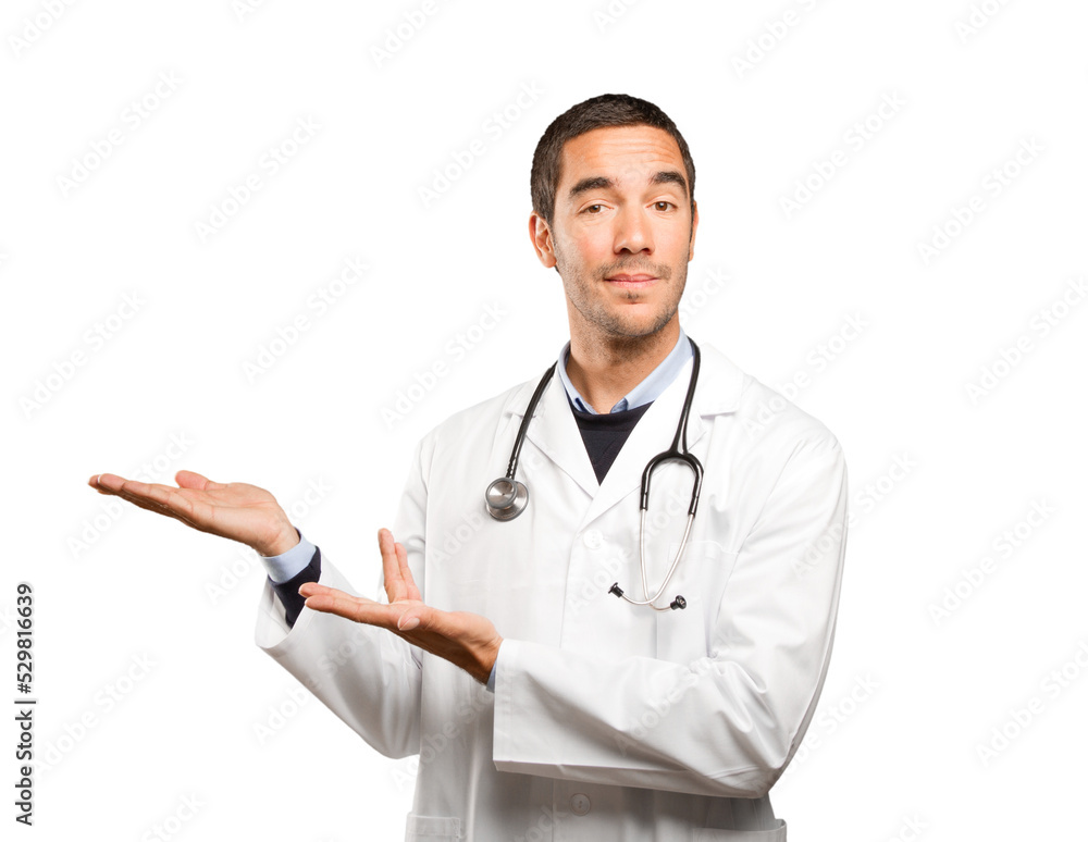 Happy doctor show gesture against white background Happy doctor show gesture against white background