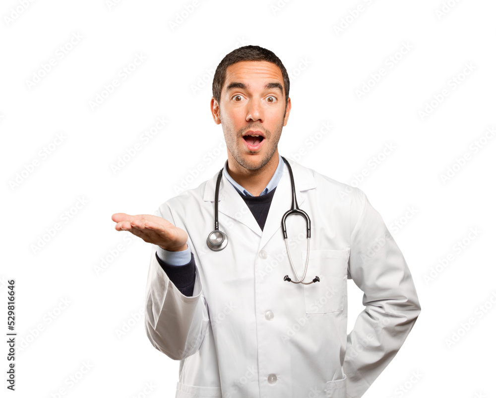Happy doctor show gesture against white background Happy doctor show gesture against white background