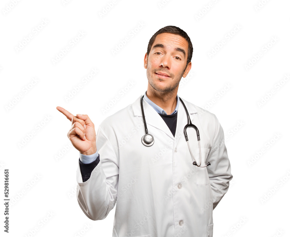 Satisfied doctor pointing Satisfied doctor pointing