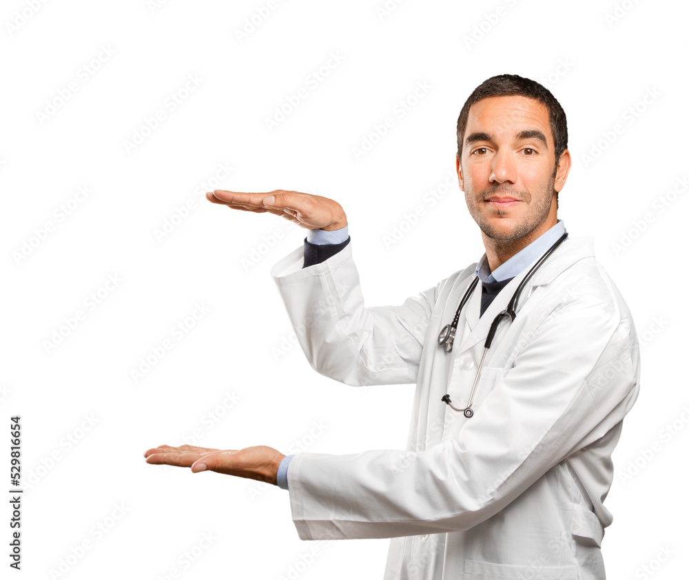 Happy doctor show gesture against white background Happy doctor show gesture against white background