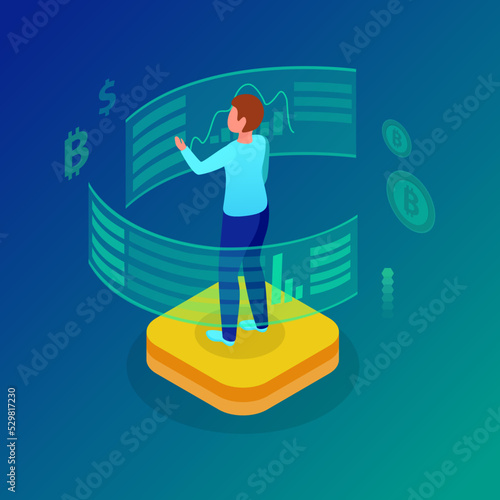 Isometric design concept business analytics with people making various graphs and diagrams