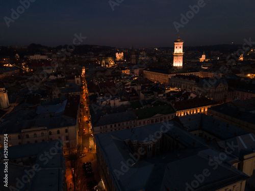 aerial view of lviv city center on sunset