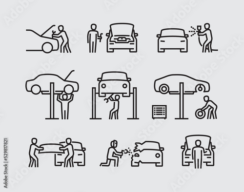 Car Service Garage Mechanic Working on a Vehicle Vector Line Icons