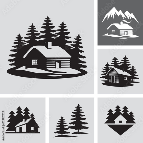 Tablou canvas Log Cabin House in The Woods Vector Icons