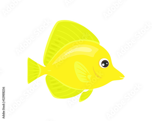Cute aquarium fish. Zebrasoma or Yellow Tang  isolated on white background. Vector cartoon illustration.