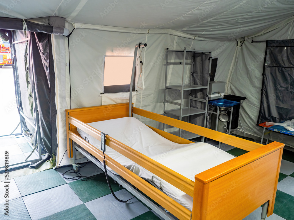 Bed for bedridden patients. Medical technologies. Medical bed in field