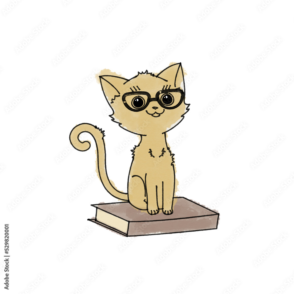 Grzeczny kotek w okularach siedzący na książce. Kot uczeń, gotowy do nauki. Kotek ciekawy świata. - obrazy, fototapety, plakaty 