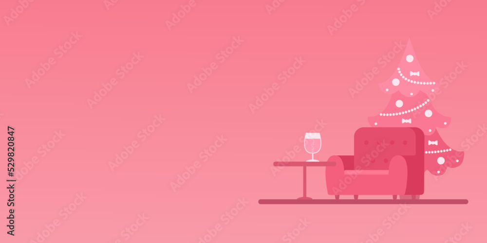 Christmas tree in silver color with cozy armchair on pink background. Place for your text. Copy space. Vector illustration. Cartoon flat style Christmas tree in silver color with cozy armchair on pink background. Place for your text. Copy space. Vector illustration. Cartoon flat style