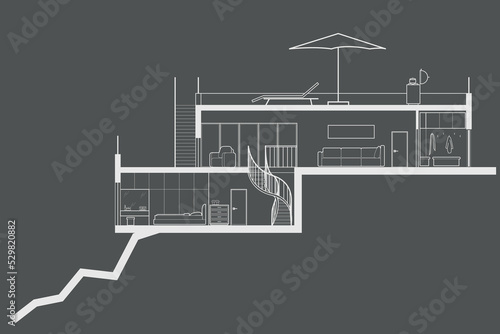 Linear architectural section plane villa on top of a mountain on gray background