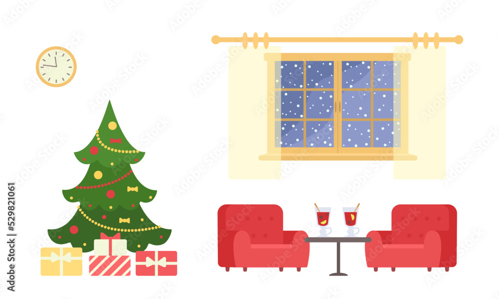 Christmas tree, two cozy three-quarter armchairs and glasses of mulled wine on coffee table. Cartoon flat style. Home interior concept. Vector illustration