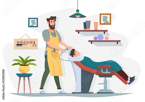 Barber washing hair of the client in barbershop. Salon interior. Hairdressing flat vector illustration.