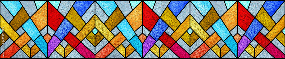 Stained glass window. Abstract colorful stained-glass background. Art Deco geometric decor for interior. Modern pattern. Luxury modern interior. Transparency. Multicolor template for design interior.