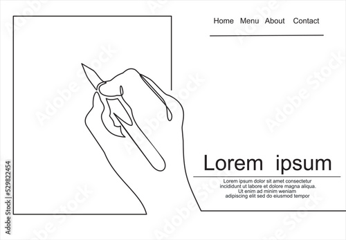 Continuous one line drawing of hand writing minimalism style. Fingers holding ink pen or pencil to draw or write on paper.