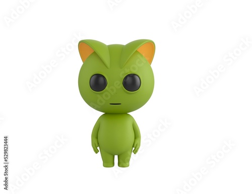 Green Monster character standing and looking to the front in 3d rendering.