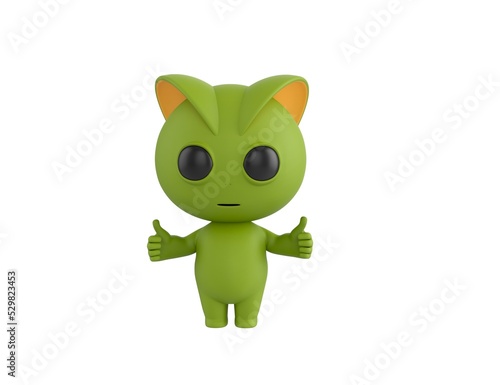 Green Monster character showing thumb up with two hands in 3d rendering.