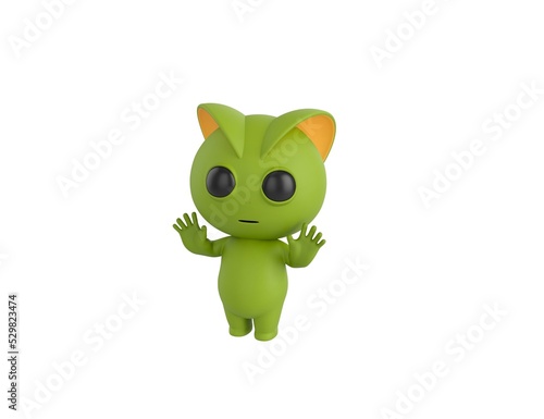 Green Monster character raising hands and showing palms in surrender gesture in 3d rendering.