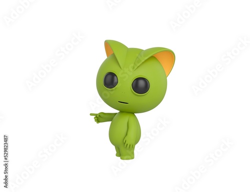 Green Monster character pointing index finger to the left in 3d rendering.