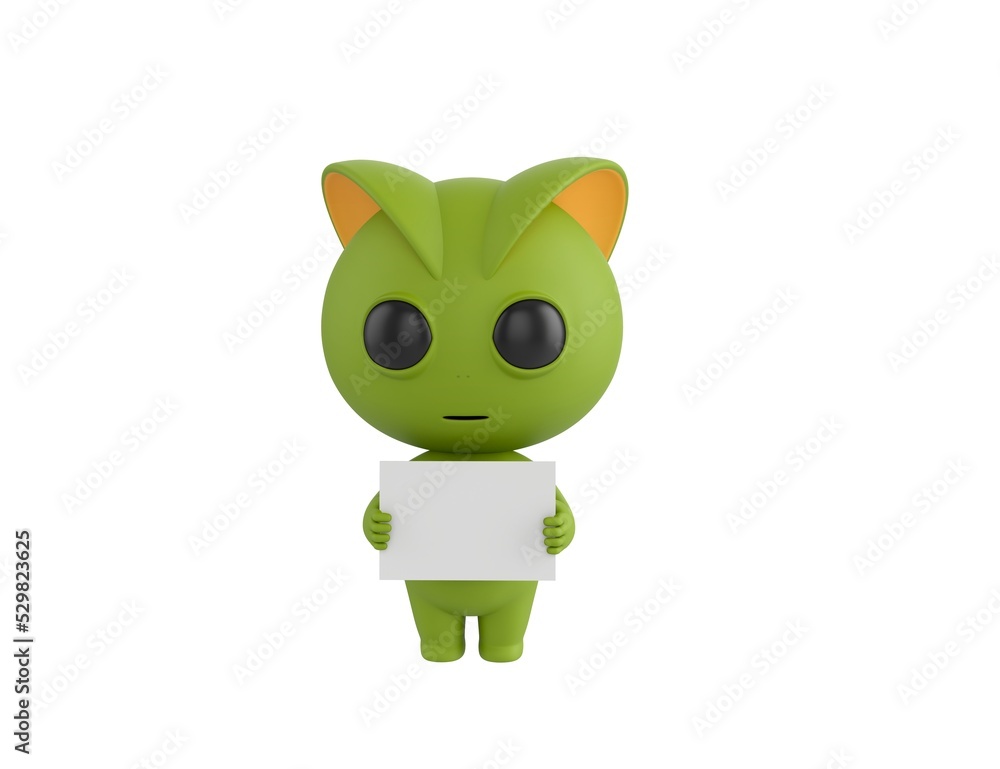 Green Monster character holding a blank billboard in 3d rendering.