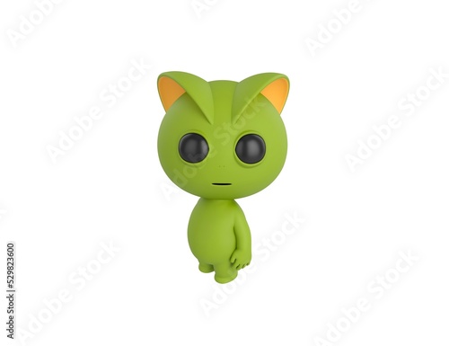 Green Monster character standing and look up to camera in 3d rendering.