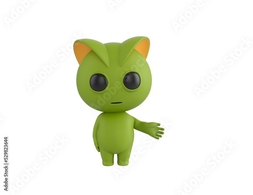 Green Monster character giving his hand in 3d rendering.