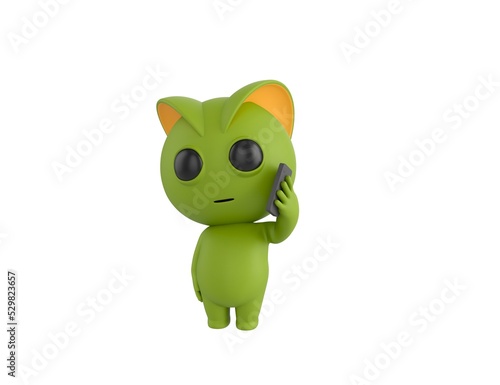 Green Monster character holding smartphone near ear in 3d rendering.