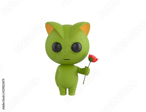 Green Monster character holding flower in 3d rendering.