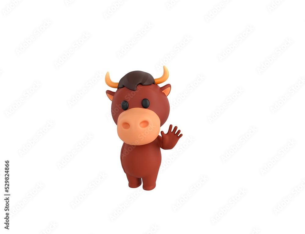 Fototapeta premium Little Bull character saying hi in 3d rendering.