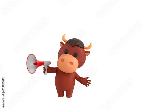 Little Bull character talking in megaphone in 3d rendering. photo