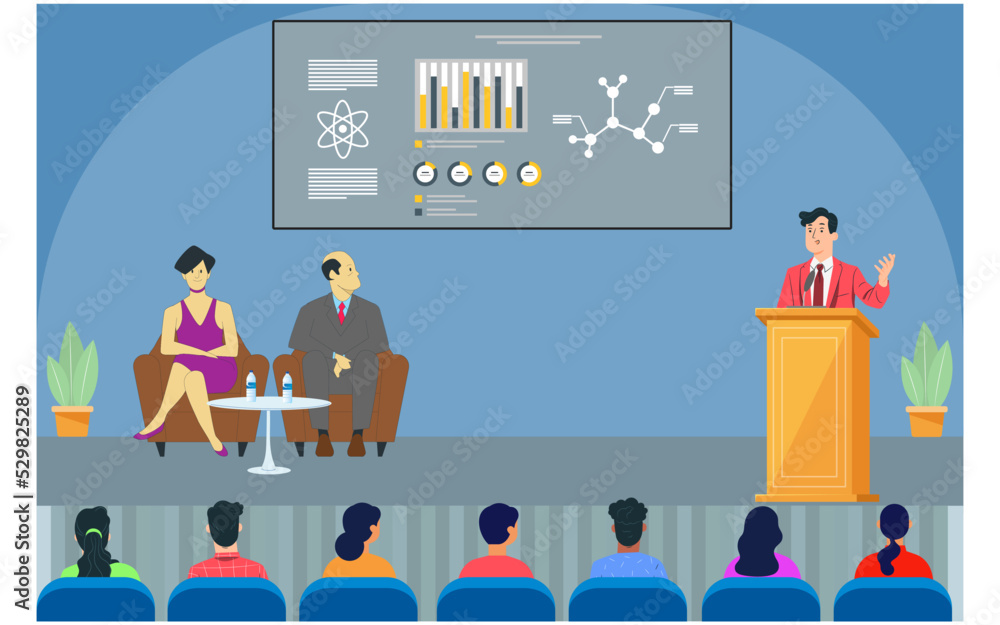Businessman addressing with audience about new business in conference room and chief guests listening their presentation. Vector illustration. Businessman addressing with audience about new business in conference room and chief guests listening their presentation. Vector illustration.