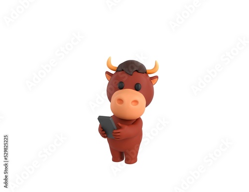 Little Bull character using smartphone and looking to camera in 3d rendering.