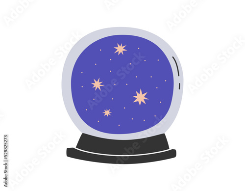Hand drawn cute cartoon illustration of magic crystal ball with stars. Flat vector esoteric element sticker in colored doodle style. Future prediction icon or print. Isolated on white background.