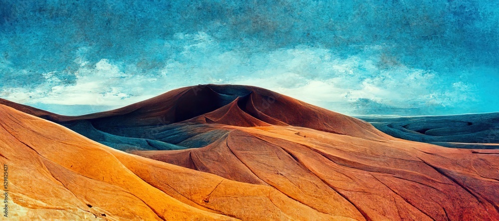 Sahara desert dunes, arid dry landscape. desolate, unexplored. Beautifully minimalistic curves and flowing sand waves - oil pastel stylized panoramic art background.